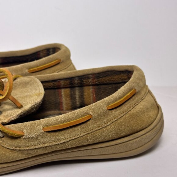 Jos A Bank Suede Moccasin Fur Plaid Lining Slipper Brown Tan Pajama Shoes Men 12 - Picture 12 of 13